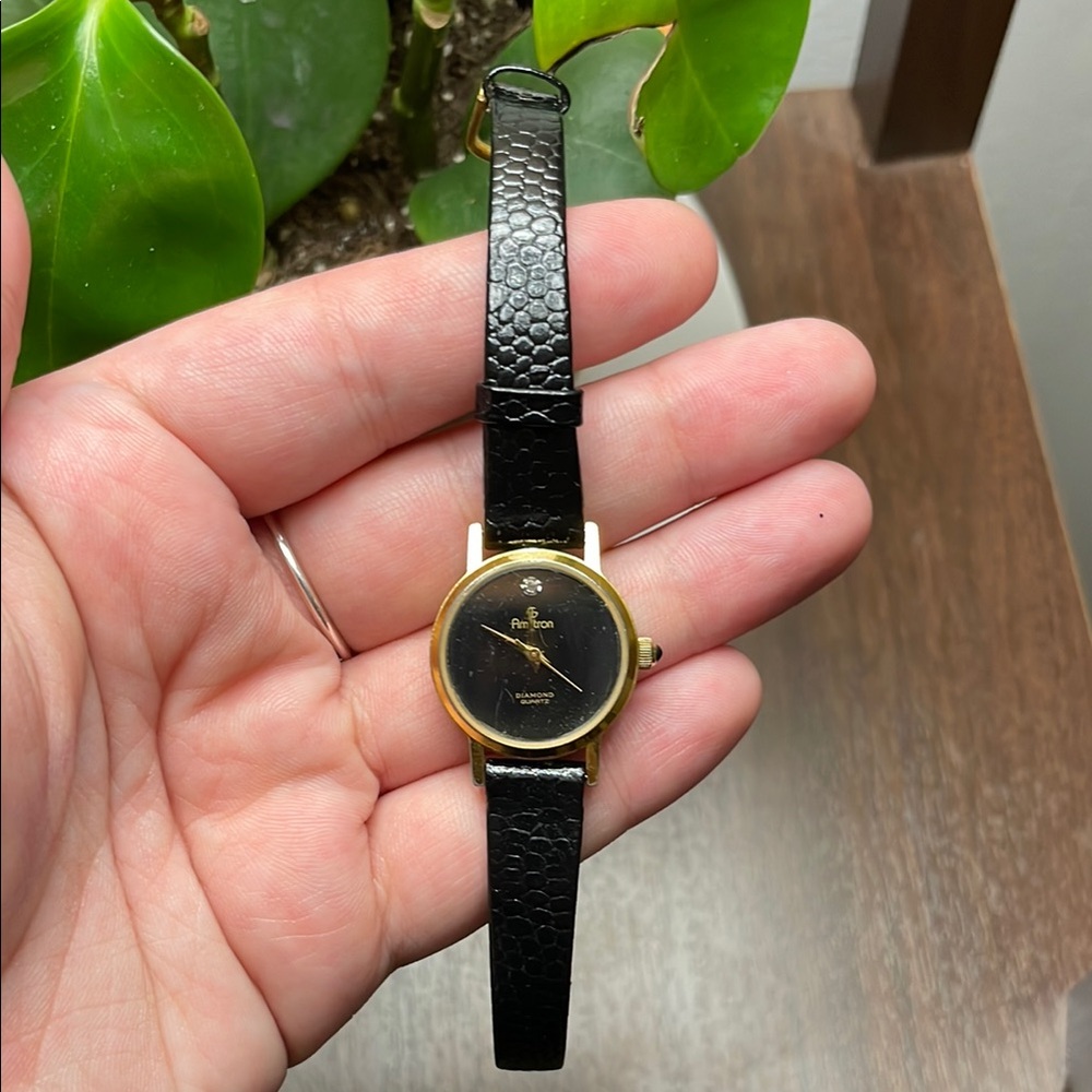 •ARMITRON• Diamond Quartz watch with gold face & black adjustable leather strap